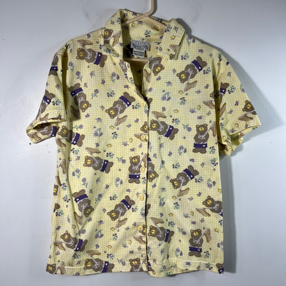 Vintage Basic Editions Button PJ Shirt Bear Catching Butterflies Yellow‎ Brown M